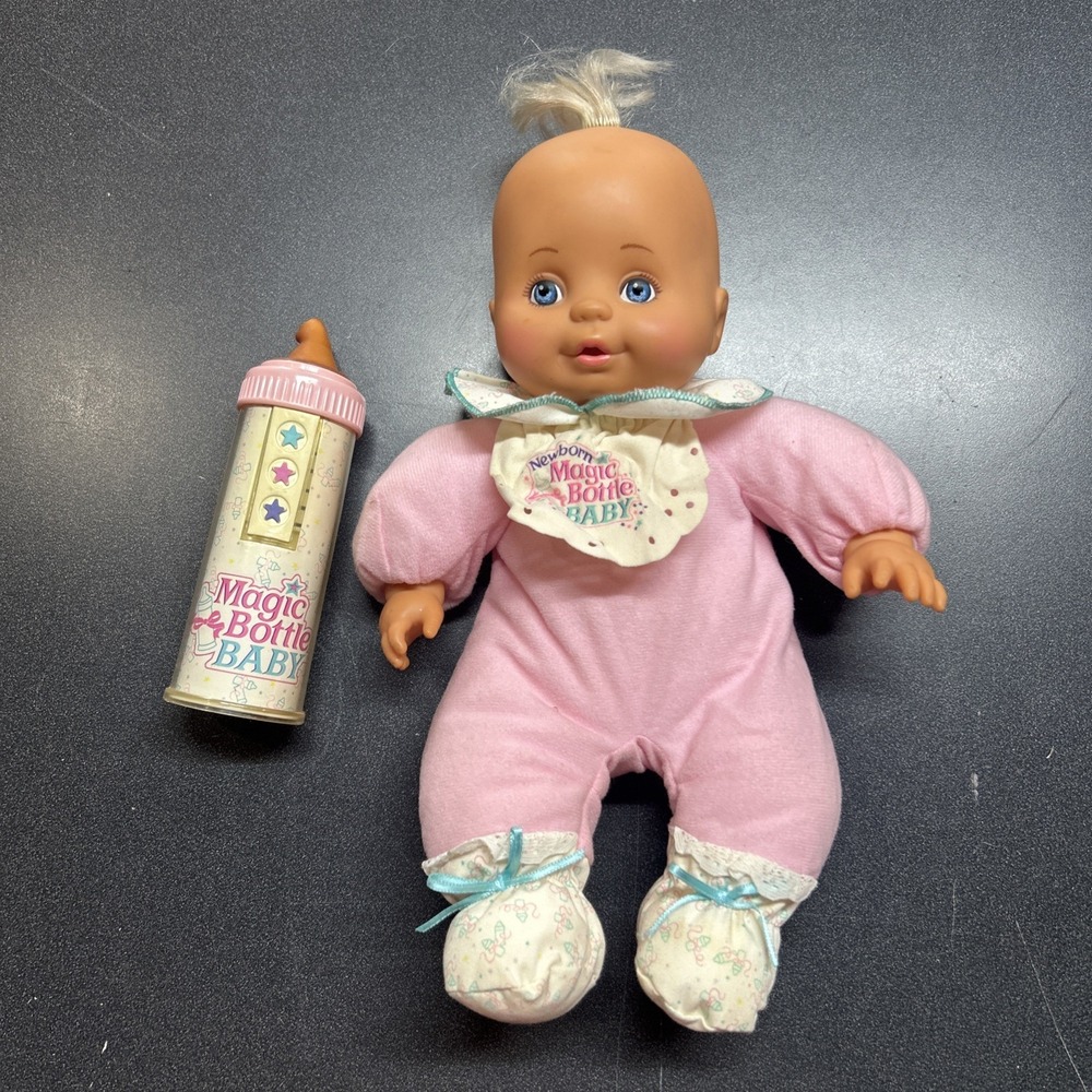 Newborn Magic Bottle Baby Tyco 1990 Pink Blonde Blue Eyes Vintage W/ Bottle 13"